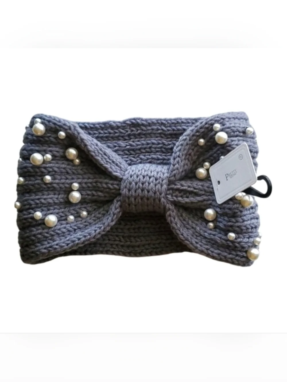 Bow Shaped Winter Knit Headband with Faux Pearls